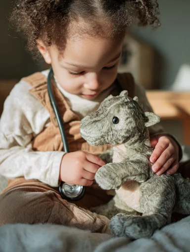 Kind spielt mit Dino Tierarzt